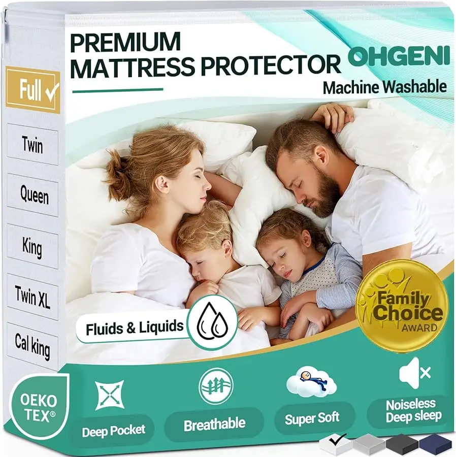 

100% Waterproof Mattress Protector, Full Size, Fitted Sheet with Deep Pockets, 6''-18'', Premium Noiseless Breathable Soft Mater