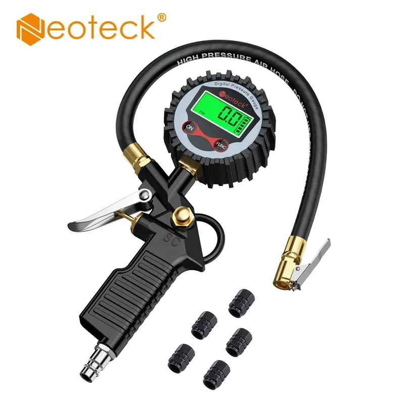 Neoteck 200 PSI LCD Digital Display Tire Pressure Gauge Tire Inflator Gauge Backlight Vehicle Tester With 5 Black Valve Caps