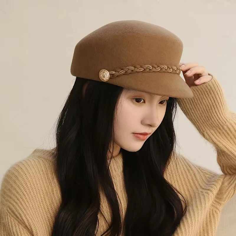 

Japanese autumn and winter woolen hat for women with metal buckle braid decoration knight hat all-match warm felt hat duckbill c