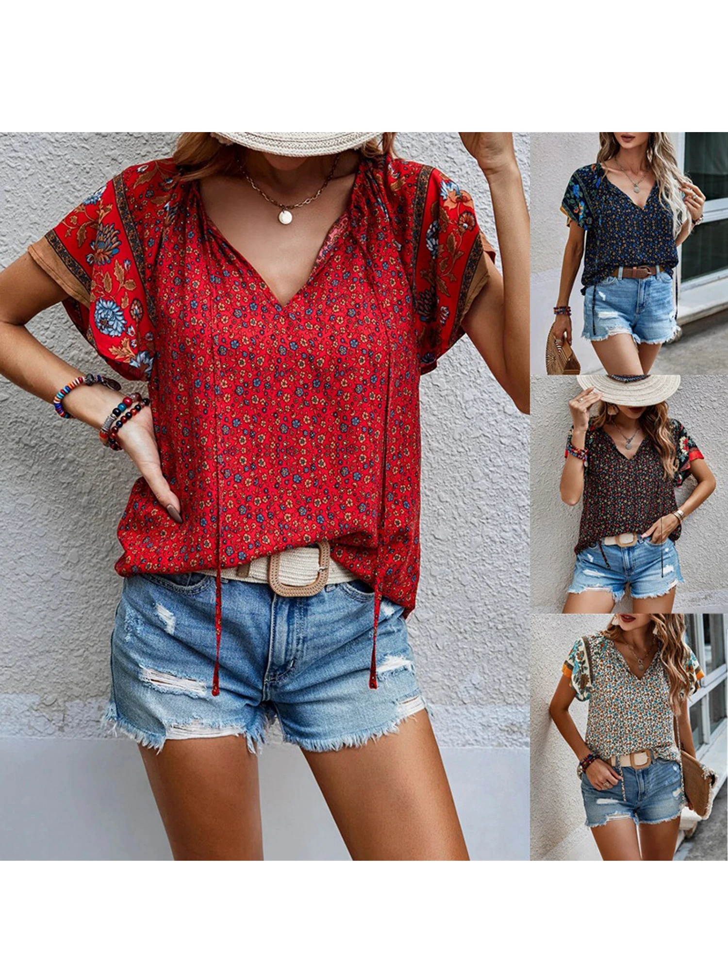 

Женская летняя футболка, повседневная свободная посадка, стильные топы с v-образным вырезом и короткими рукавами с геометрическим принтом