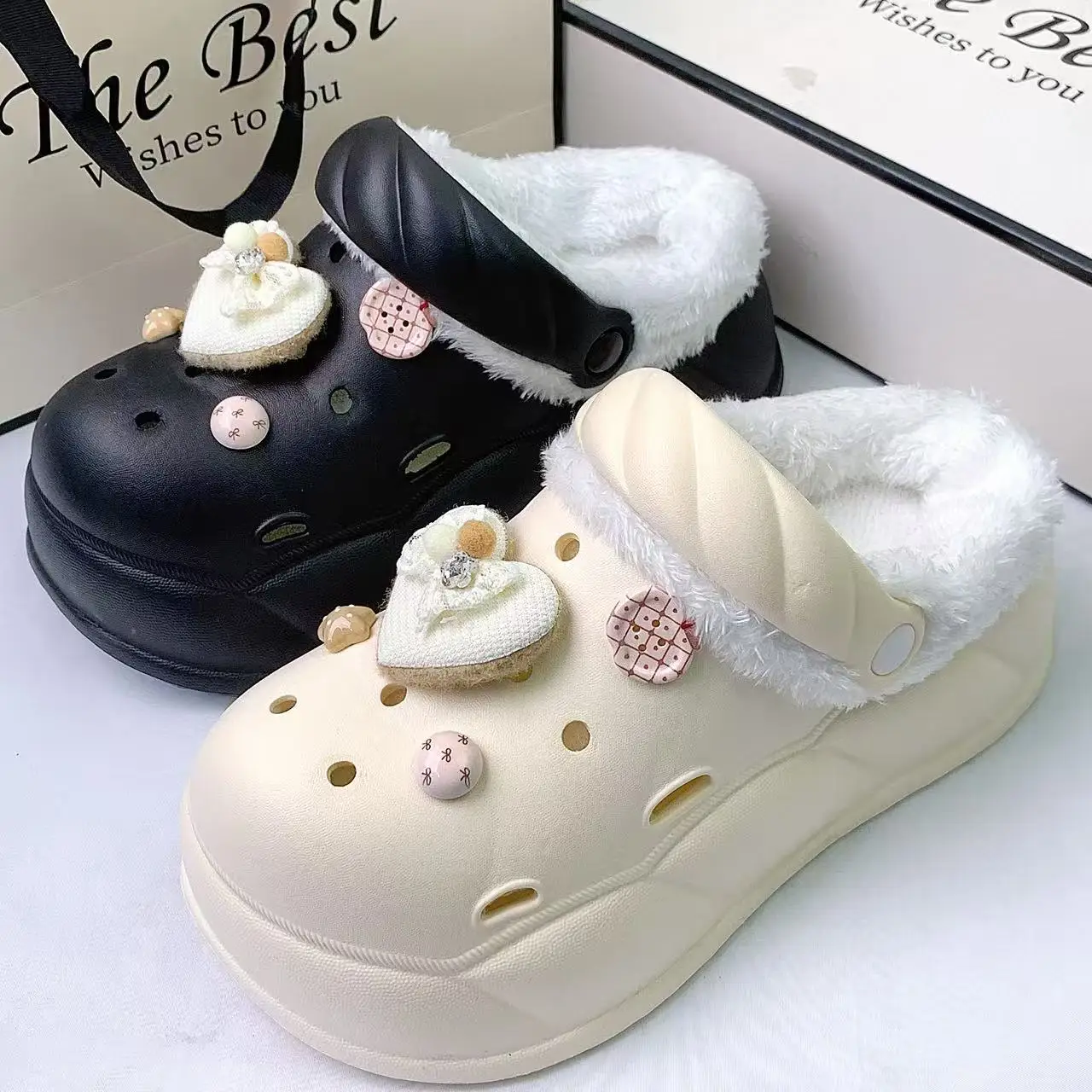 Exquisite and Fashionable Autumn and Winter Furry Slippers for Women, Plush Clogs with Bear and Heart Design, Thick-Soled, Non-Slip, Elevated, Soft and Comfortable view 2