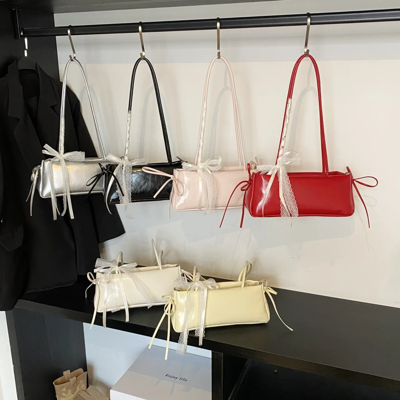 

Korean Style Fashion Underarm Shoulder Handbag And Purse Lace Bow Handbag Portable Top Handle Tote Simple Pu Leather Lady Bag