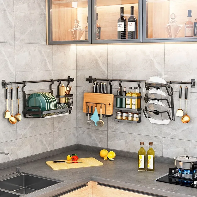 Stainless Steel Kitchen Storage Rack Wall Mounted Non Perforated Horizontal Bar Hanging Basket Foldable Drain Rack