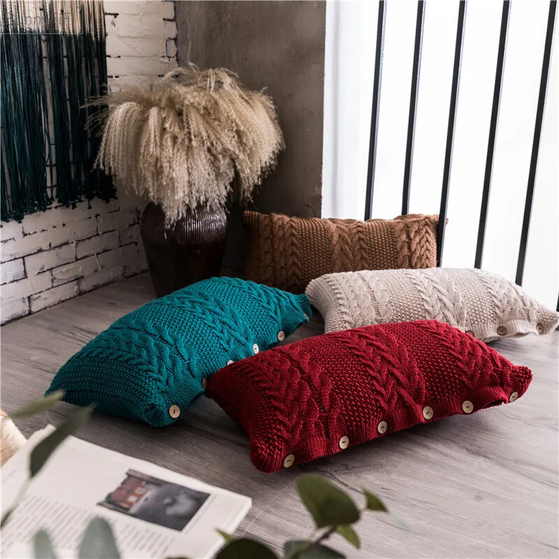 Funda de cojín de punto de pavo real rojo sólido, funda de cojín suave para sofá cama, sala de estar decorativa, 35x65cm, botón abierto