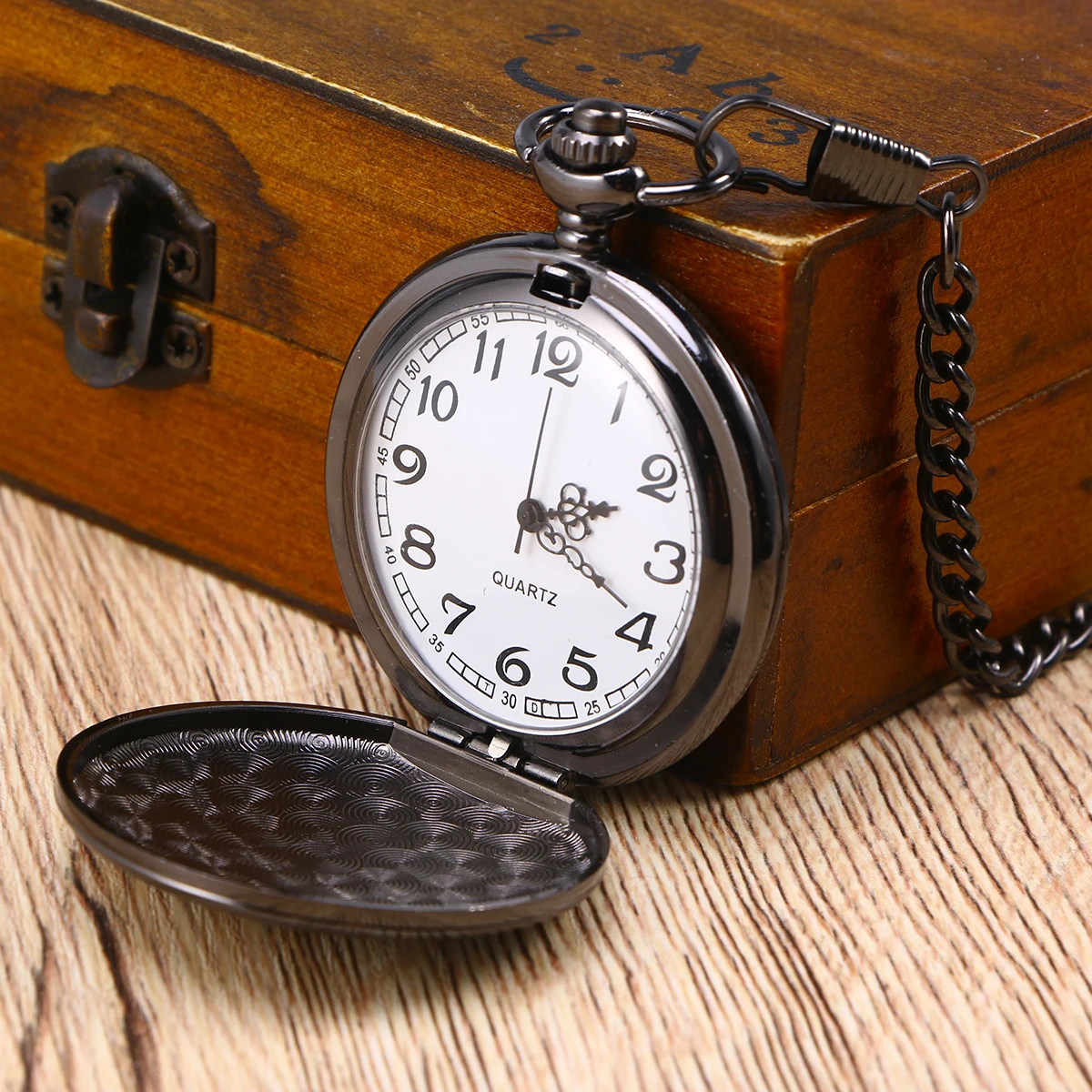 

Vintage Pocket Watch Men Mechanical Movement Removable Chain Black Acylic Stainless Steel 12h 24h Display Large Size Watches