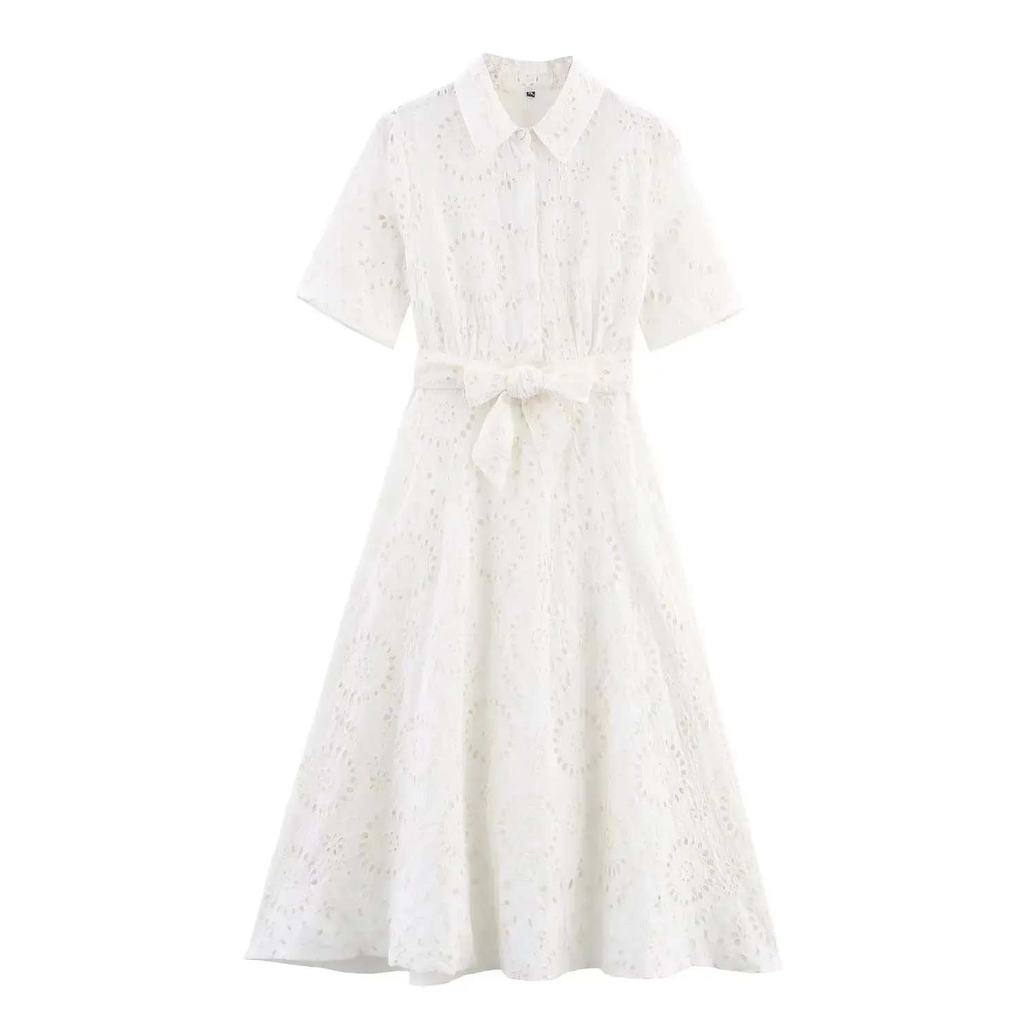 HH Women Fashion Summer White Single-Breasted Turn Down Collar Short Sleeve Long Dress Women's Bow Lace-Up Hollow Out Dress