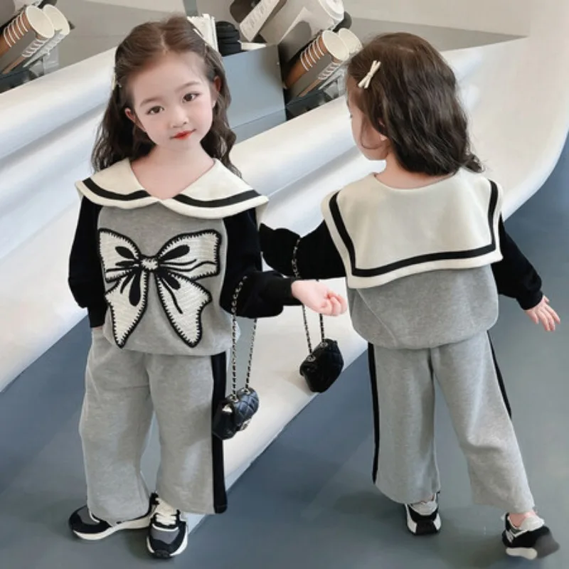 2023 Autumn Winter Two Piece Set Bow Top Pant Doll Cpllar Unhooded Fashion Al--match Outdoor Sweet