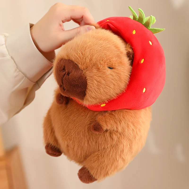 Cute Capybara Plush Toy Kawaii Fluffy Capybara With Turtle Bag Strawberry Cap Stuffed Animals Kids Gift Home Decoration