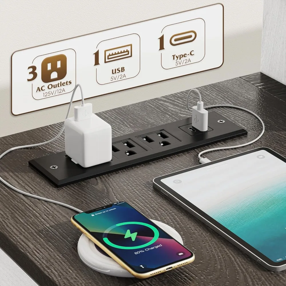 47.3 مكتب كمبيوتر مع حامل شاشة وأضواء LED، مكتب مزرعة مع مخرج طاقة وأرفف تخزين للمنزل O