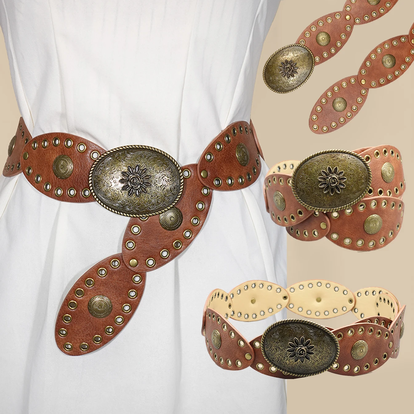 

Винтажный ремень в стиле панк — круглый дизайн с шипами и антикварными латунными люверсами, универсальный пояс для повседневного ношения и городского стиля