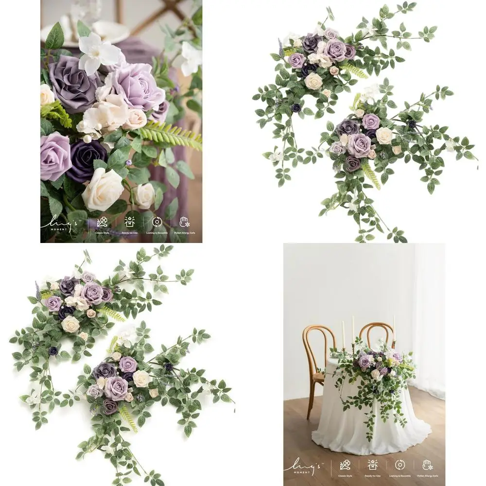 

Фиолетовые розы и зеленые качели для свадебных центральных элементов, стола в форме сердца, стены, окна, арки и садового декора в сиреневом и золотом цвете