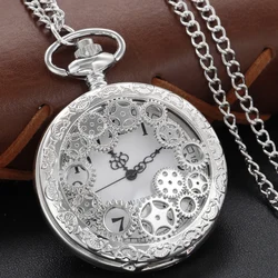 Vintage Time Gear Carved Pocket Watch Silver Hollow Steam Punk Necklace Pendant Chain Watch Men Women Children FOB Watch Gift