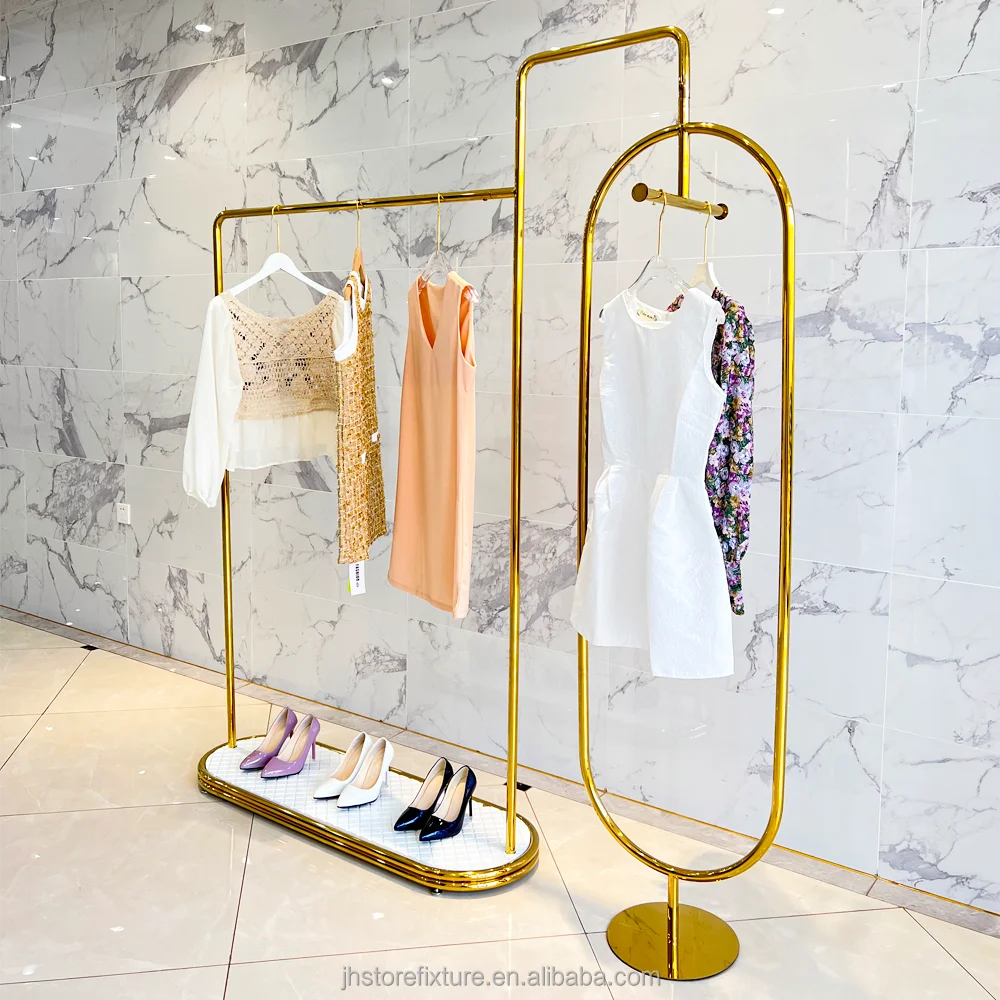

Whole Shop Stainless Steel Decoration Women Fashion Display Racks Hanger for Clothing Store Fixture White Mdf Display Stand