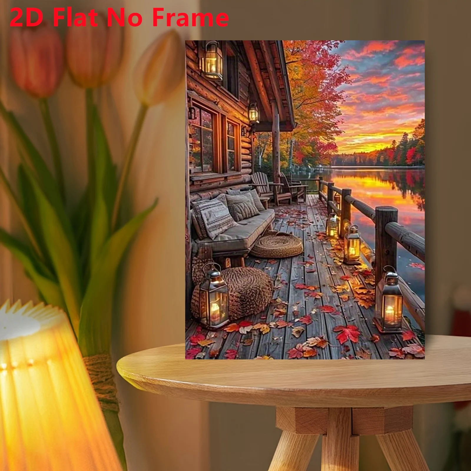 2D Flat, 2D Flat, 2D Flat No Frame Posters And Prints 1pc Lakeside Sunset Poster Canvas Wall Home Decor, Realistic Style Post