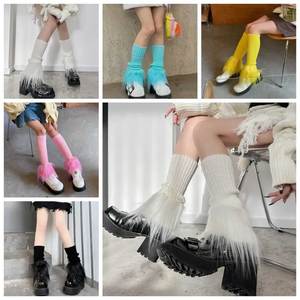 Fashion Lolita Plush Leg Warmers Solid Color Pile Up Socks Knitted Foot Cover Hosiery Patchwork Stockings Women Female