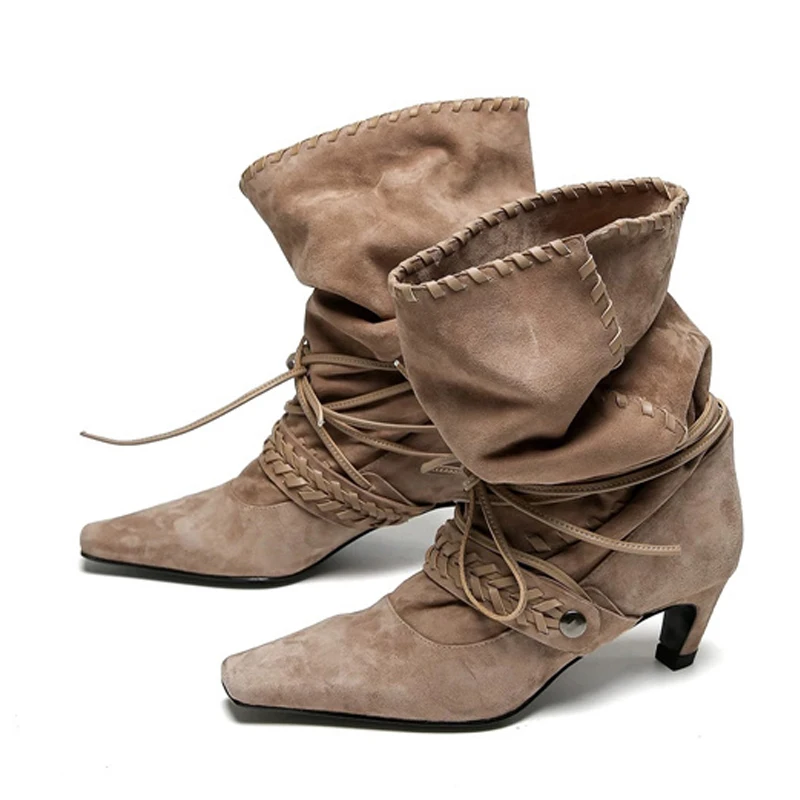 Liyke Autumn Winter Brown Suede Weave Lace-up Women Fold Pleated Ankle Boots Fashion Thin Low Heels Chelsea Western Ladies Shoes