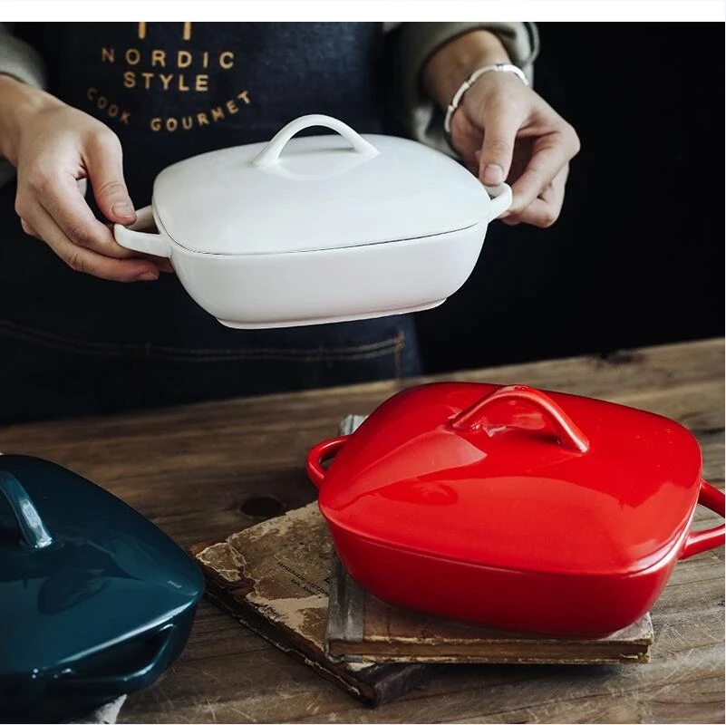 Square ceramic insulated baking tray with lid Household two-ear pasta and cheese baked meal plate microwave pan