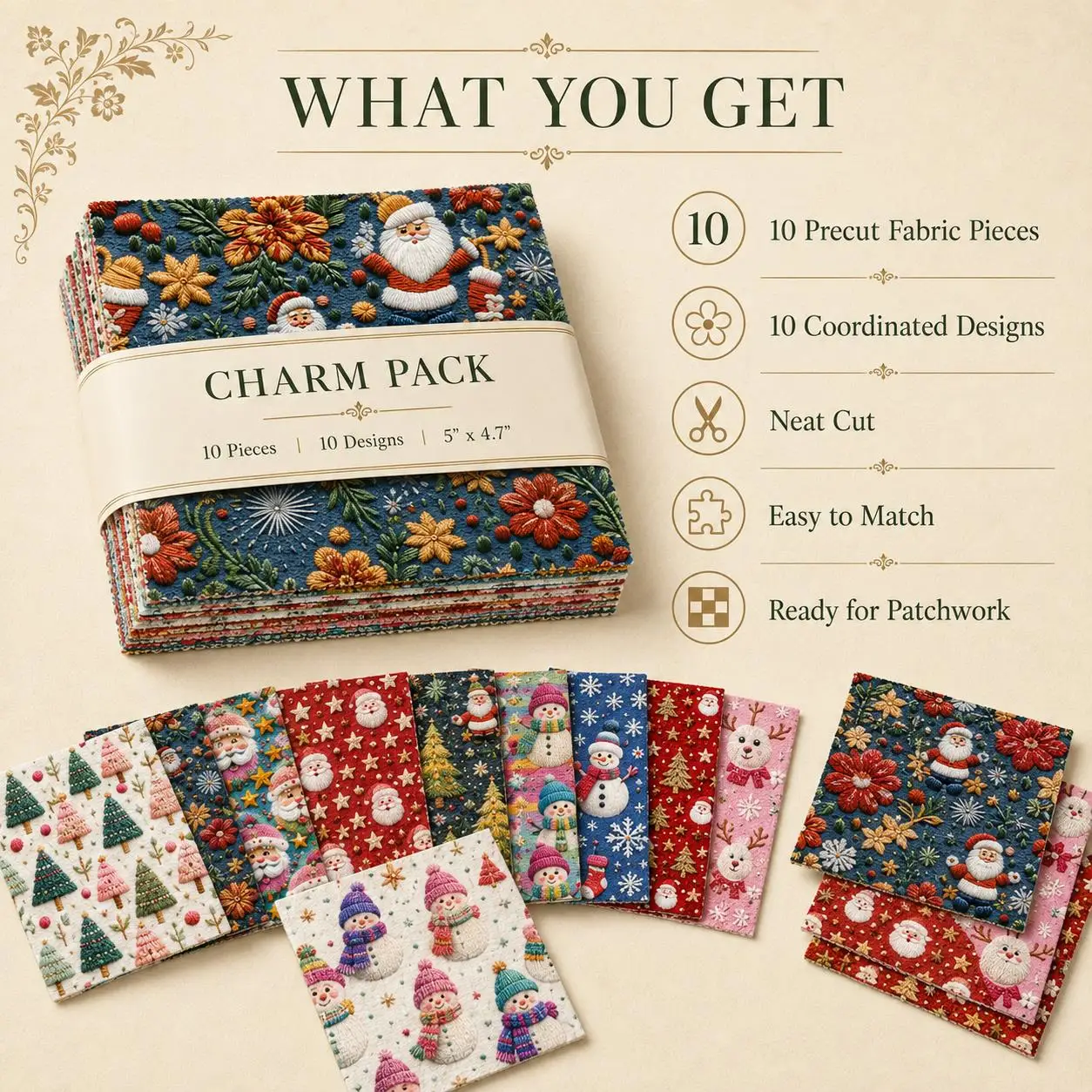 Pre-cut 2D Flat 10Pc/Set Christmas Series Santa Claus Deer Holly Fat Quarter Fabric, Pre-Cut Square Fabric Assort, Fabric Set