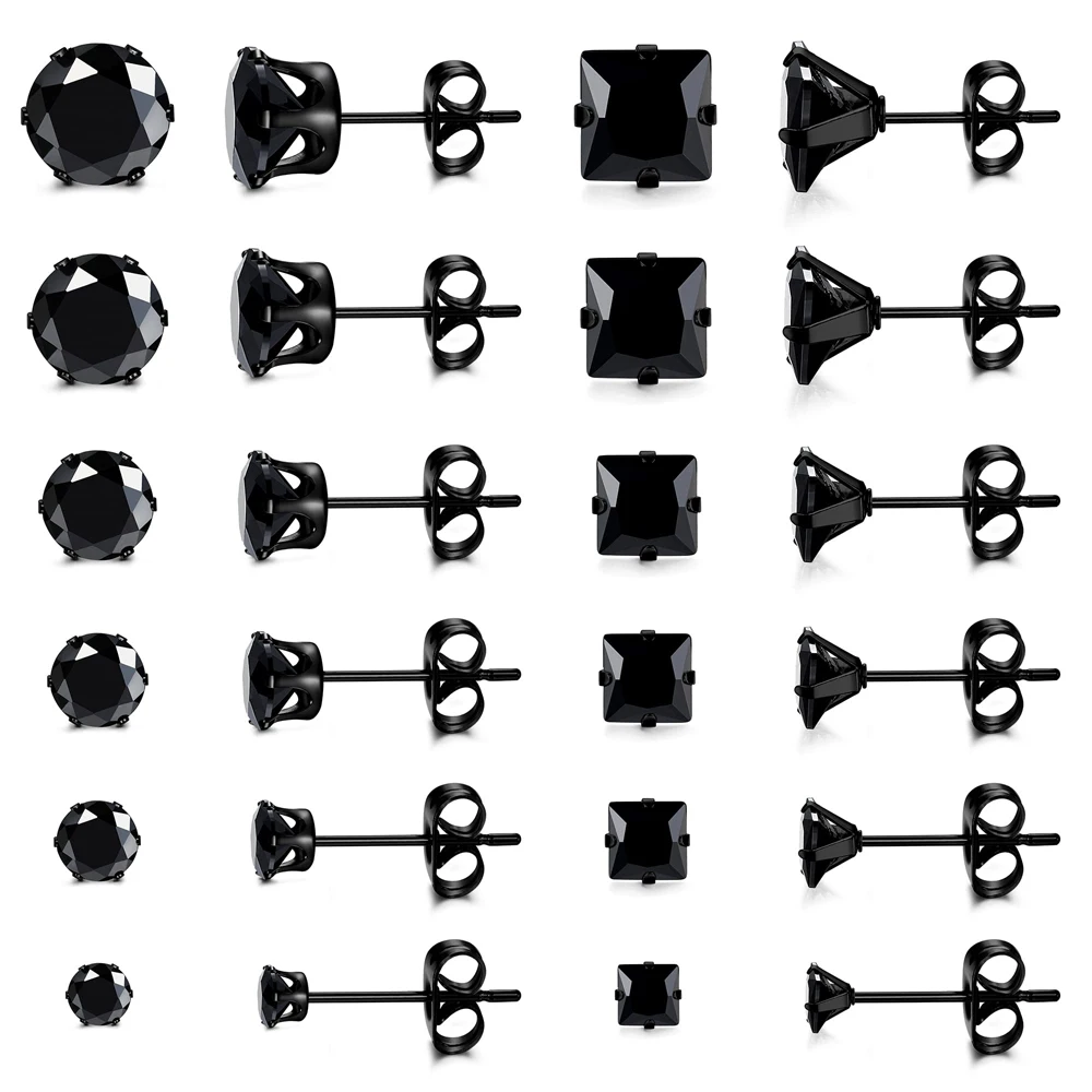 1 Pair Stainless Steel Black Round Square Cubic Zirconia Stud Earrings Set Punk Piercing Jewelry for Men Women 3-8mm