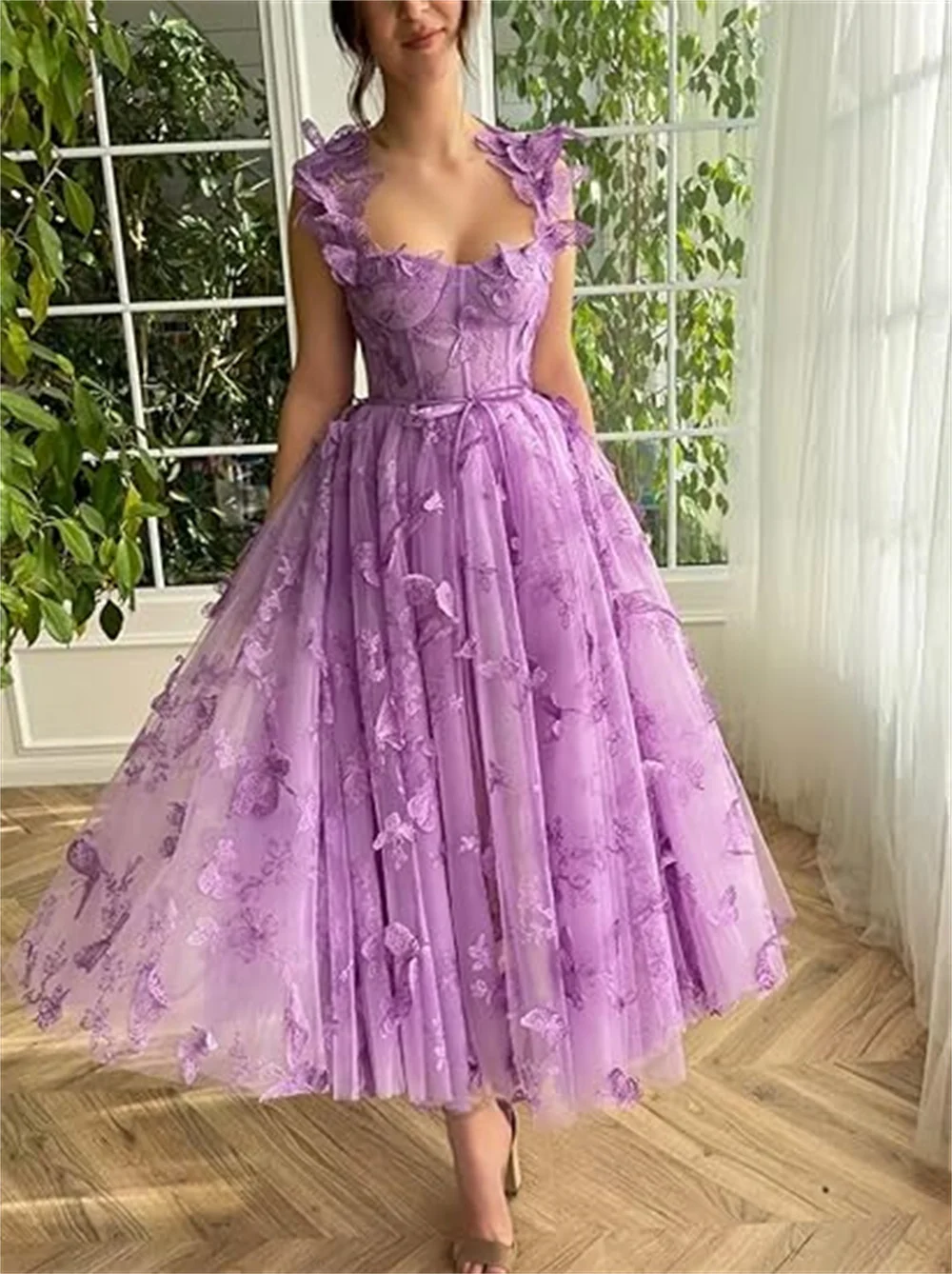 

Fortunate 3D Butterfly Tulle Prom Dresses Spaghetti Straps Lace Applique A Line Ankle Length Cocktail Party Gowns Robe De Soirée