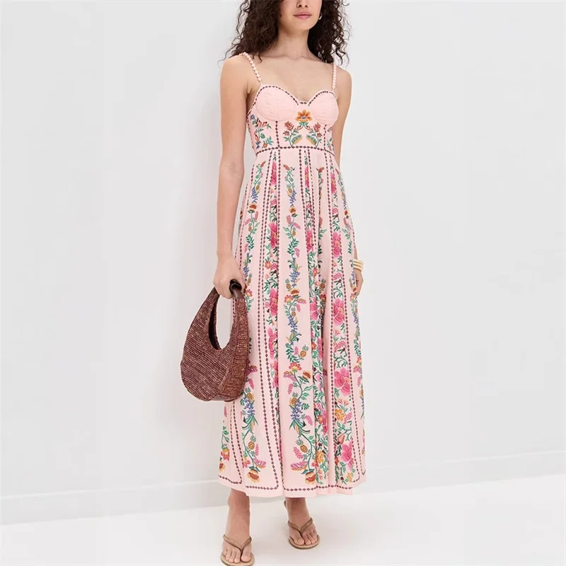 Combhasaki Women Adjustable Thin Beading Spaghetti Strap Smocked Backless Floral Print Summer Swing A-line Slip Party Long Dress