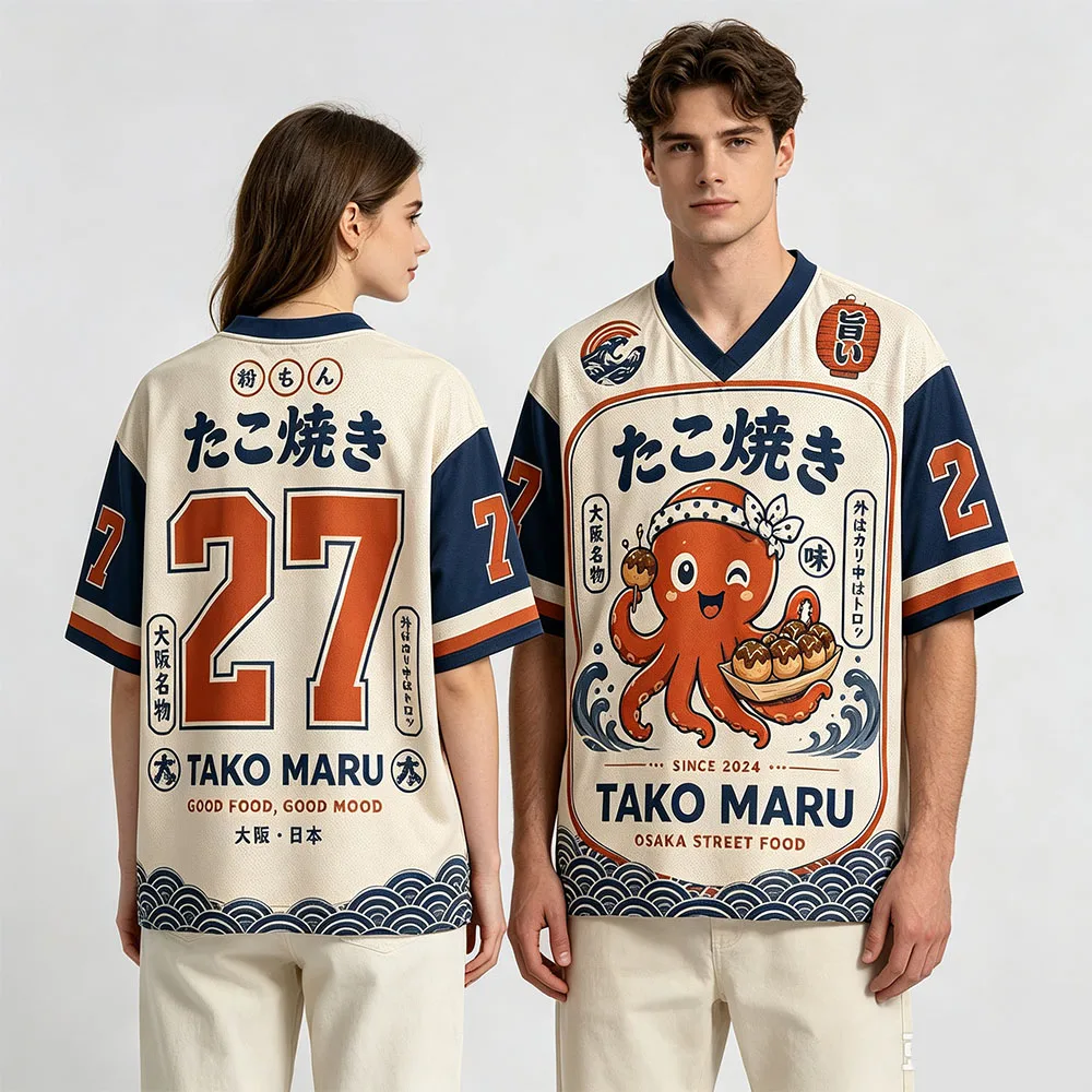 Takoyaki Graphic Mesh Football Jersey Matching Street Food Kicks Apparel Japanese Osaka StyleLoose Sport Top Men Women T-shirt