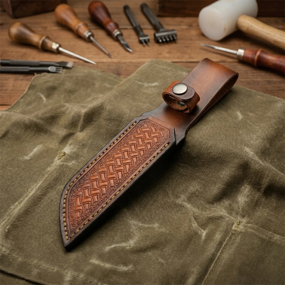 Brown Hand-embossed Leather Fixed Knife Sheath Durable Cowhide Knife Sheath Belt Carry Knife for Knife Collectors Outdoor Tool view 4