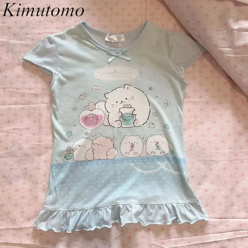 Kimutomo japonés Petite dulce lindo réplica chica traje de manga corta Top mujeres versátil grupo estampado mariposa cuello redondo