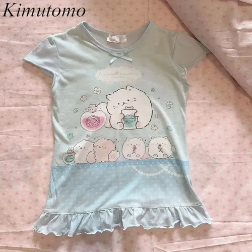 Imagen 1 del producto Kimutomo japonés Petite dulce lindo réplica chica traje de manga corta Top mujeres versátil grupo estampado mariposa cuello redondo