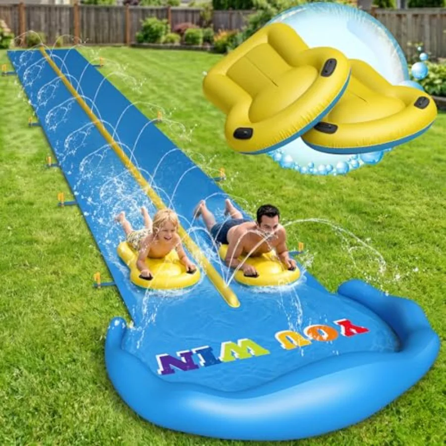 

Outdoor water slide for backyard use, PVC material, blue and yellow, 32.8FT inflatable splash slip with dual racing lanes for k