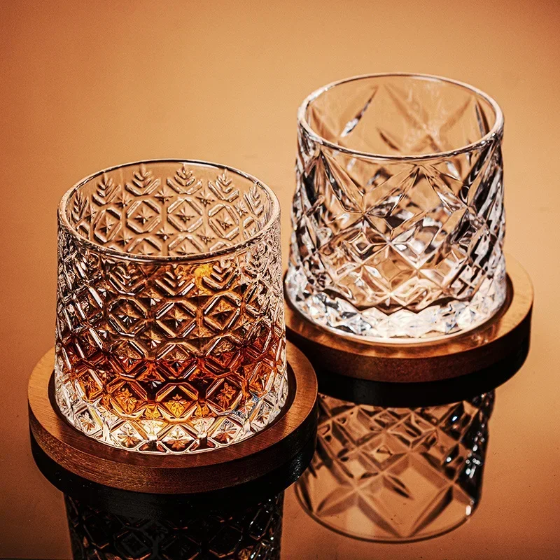 

280ml Wine Glass with Wooden Base Rotating Whisky Glasses Vodka Wine Cup Bar Party Whiskey Beer Glass Transparent Brandy Cup