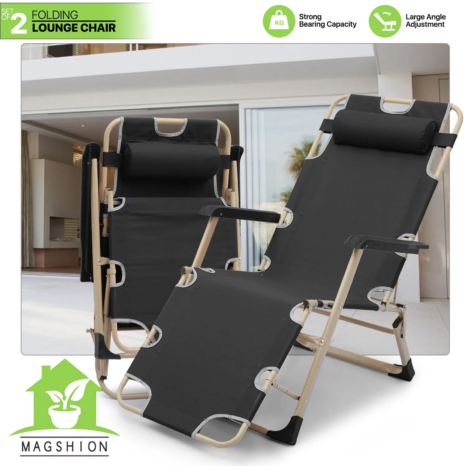 

Set of 2 Black Foldable Adjustable Fabric Chair Patio Beach Yard Seat w/Headrest