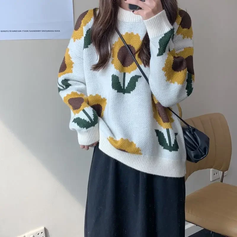 2024 Autumn and Winter Korean Version Outerwear Pullover Sunflower Knitted Sweater Women\'s New Round Neck Knitted Pullover