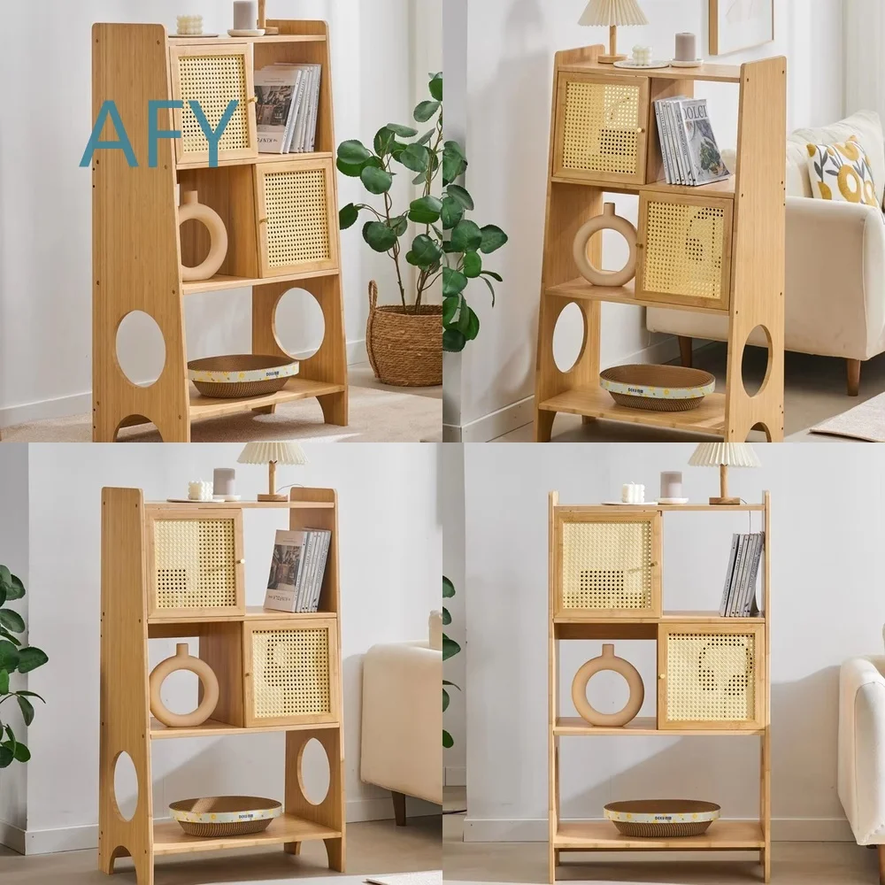 Three-Layer Rattan Bookshelf for Living Room Bedroom Kids Room Storage Cabinet with Two Woven Doors Oversized Locker Shelf