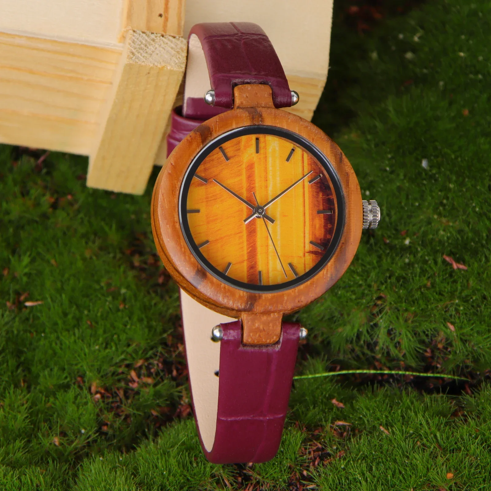 Kitykiss  wooden couple marble watch  fashion casual couple style  leather strap quartz wood watch  gift boy girl clock  vintage