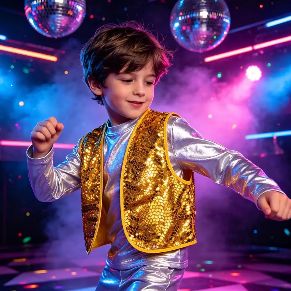 Gold Sequin Vest Shiny Sequin Vest for Kids Adults Sparkling Disco Party Costume Dance Performance Outfit for Halloween Stage