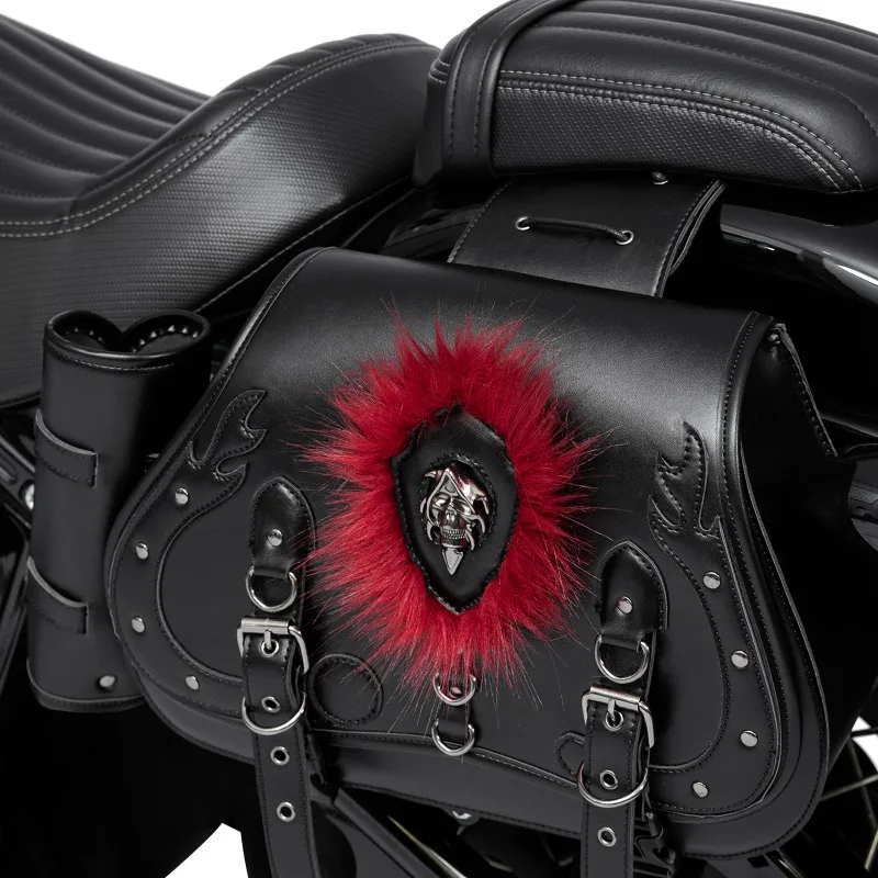 1 Pair Gothic Motorcycle Saddlebags with Red Fur Skull, PU Leather Side Luggage Bags with Cup Holder for Cruiser Bobber Chopper