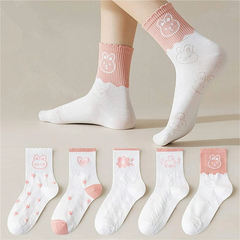 

Dreamlikelin 5pairs/lot Socks Women's Autumn and Winter Pink Bunny Flowers Korean Style Breathable Girls Middle Tube Socks