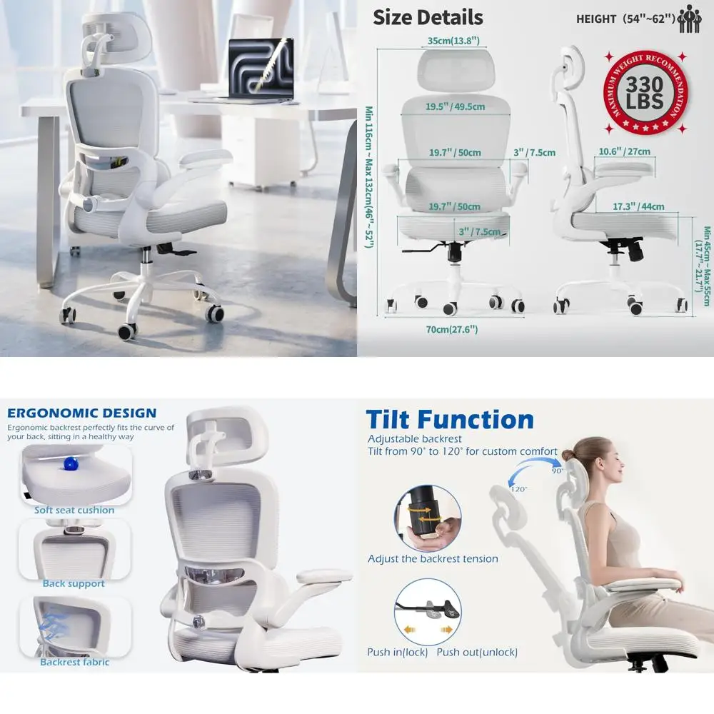 

Ergonomic Desk Chair with Adjustable Headrest, Lumbar Support, and Flip-up Armrests - Mesh Computer Chair for Comfort