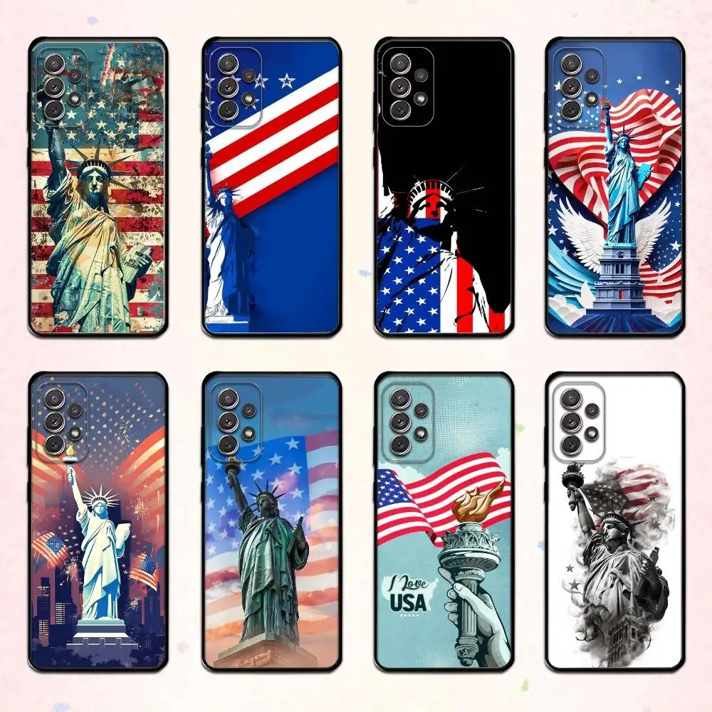 

America U-USA Flag Statue L-Liberty Phone Case For Samsung S 25,24,23,22,30,21,10,9,Ultra,Plus,Lite,FE,4,5 G Soft Black Case
