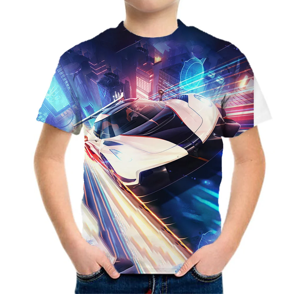 Men's Purple Cool Racing 3D Pattern T-shirt Summer Clothing Teenagers Top Korean Style