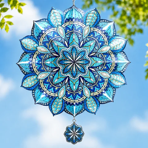 Blue Mandala 3D Stainless Steel Wind Spinner 12in Laser Cut Metal Hanging Wind Sculpture Indoor Outdoor Yard Garden Decor Gift