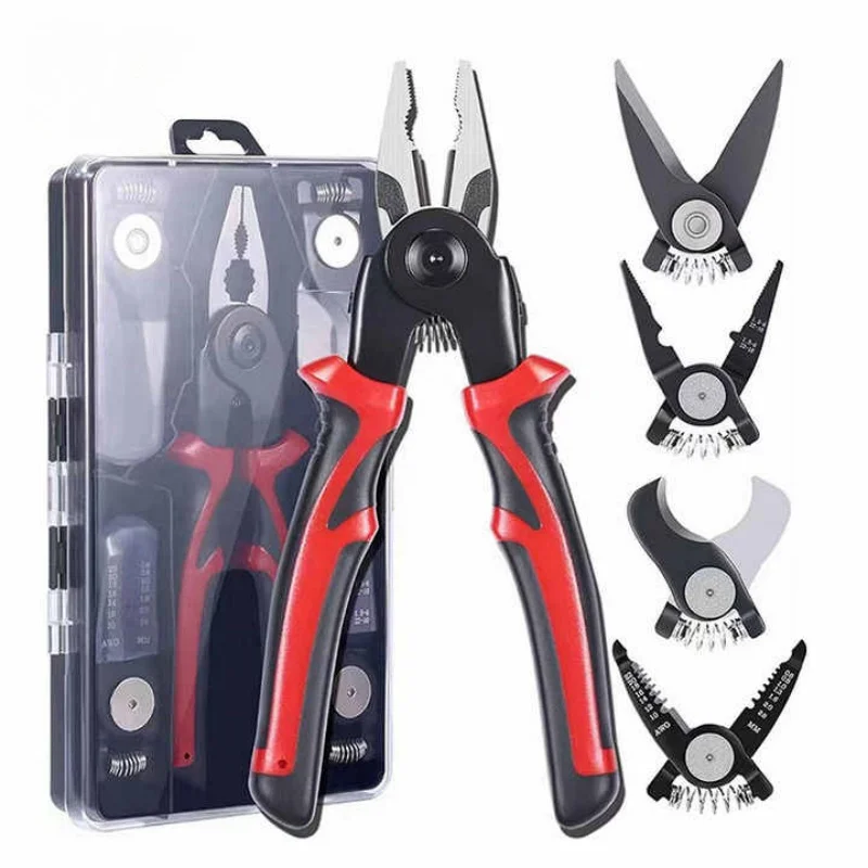 Five in one pliers set, detachable multifunctional head, PVC handle for wire cutting and stripping tool