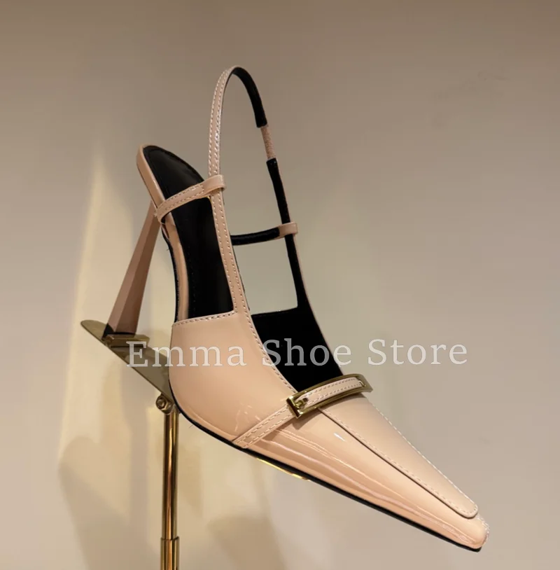 

Elegant Pointed Toe Stiletto Heel Nude Sandals Versatile Square Buckle Design Back Strap Summer Dress Shoes Women's Party Pumps