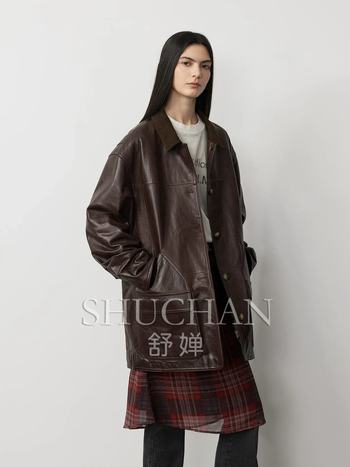 New American Retro New Zealand Imported Wax Sheepskin Medium and Long Leather Jacket Women New 2024