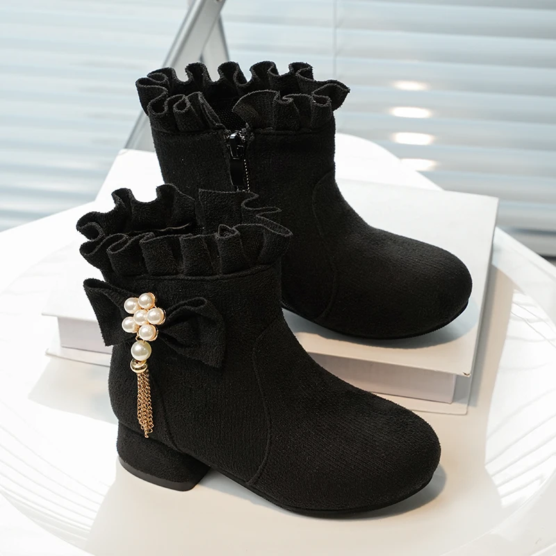 الفتيات الصغيرات الأسود كشكش طوق الأحذية الجلدية مع لامعة مطرز القوس 2025 جديد الشتاء الاطفال مدرسة حفلة أحذية بوت قصيرة عدم الانزلاق شيك