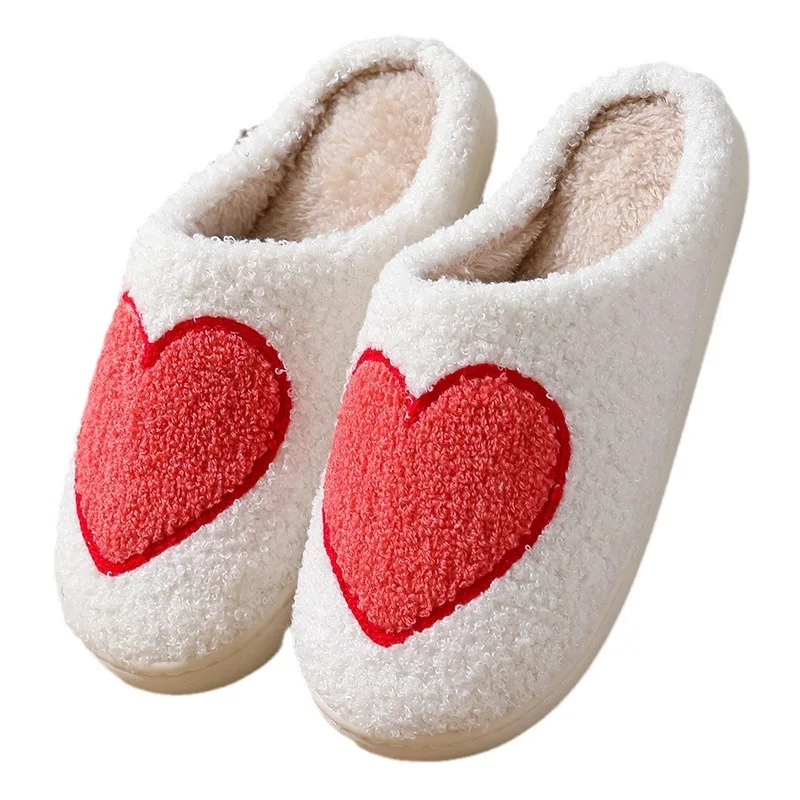 Pantoufles d'hiver en coton pour femmes, visage souriant, grand cœur, pantoufles d'intérieur en peluche, chaussures chaudes pour la maison, vente en gros, chaud, 2024