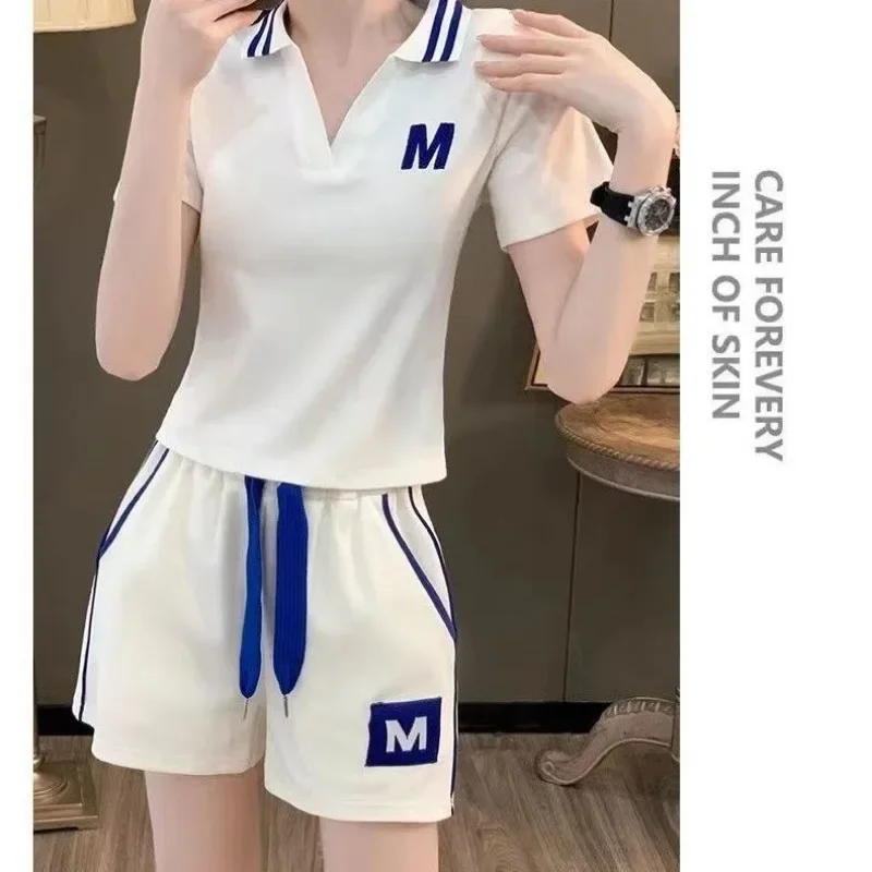 Casual Short Sets for Women 2 Pieces Top and Bottom Two-piece Korean Style Outfit Full New Products Classic Trends Woman Shorts