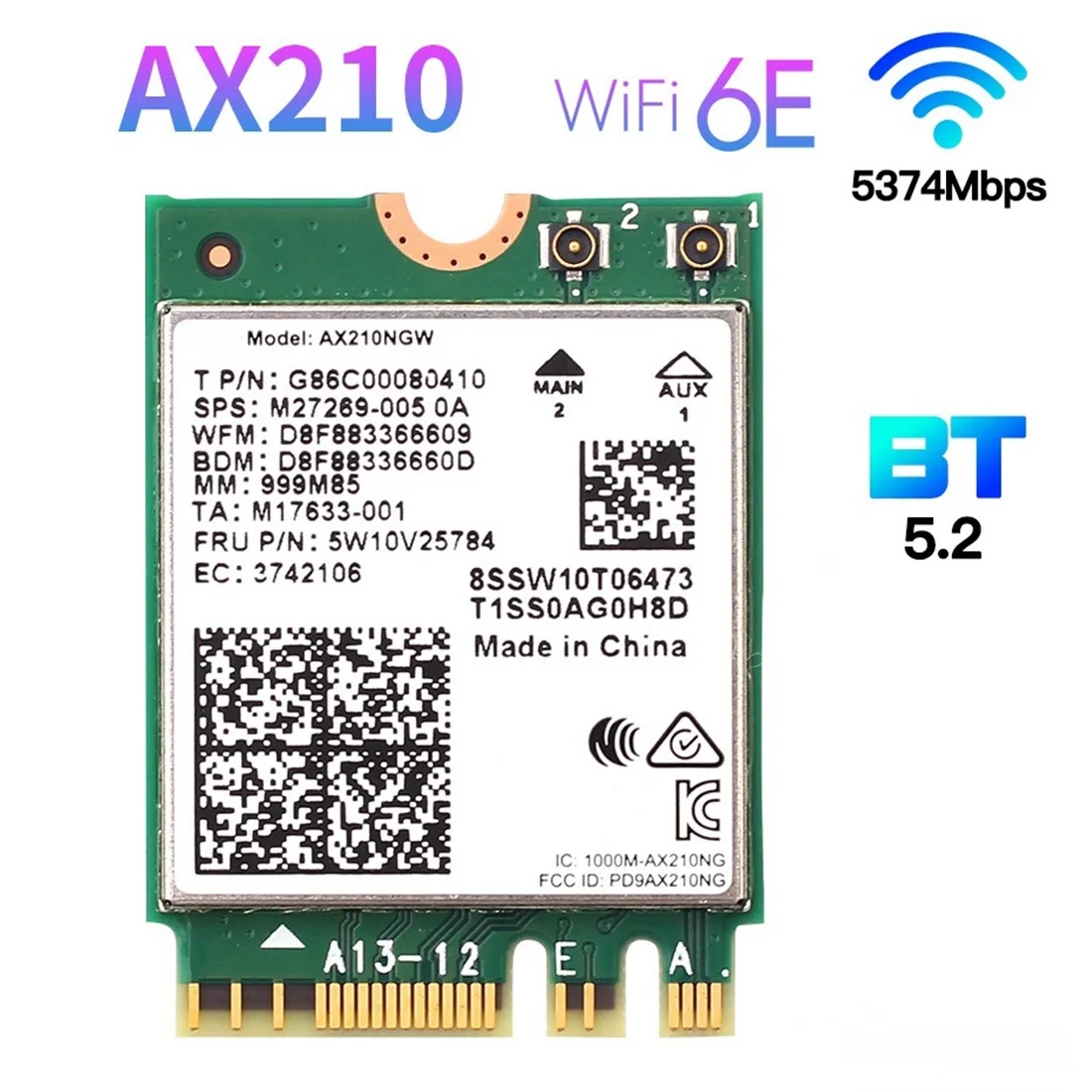 Wi-Fi 6E AX210 Wireless Card 2400Mbps Bluetooth 5.2 Desktop Kit 802.11Ax 2.4G/5Ghz/6Ghz AX210NGW,with 10DBi Antenna