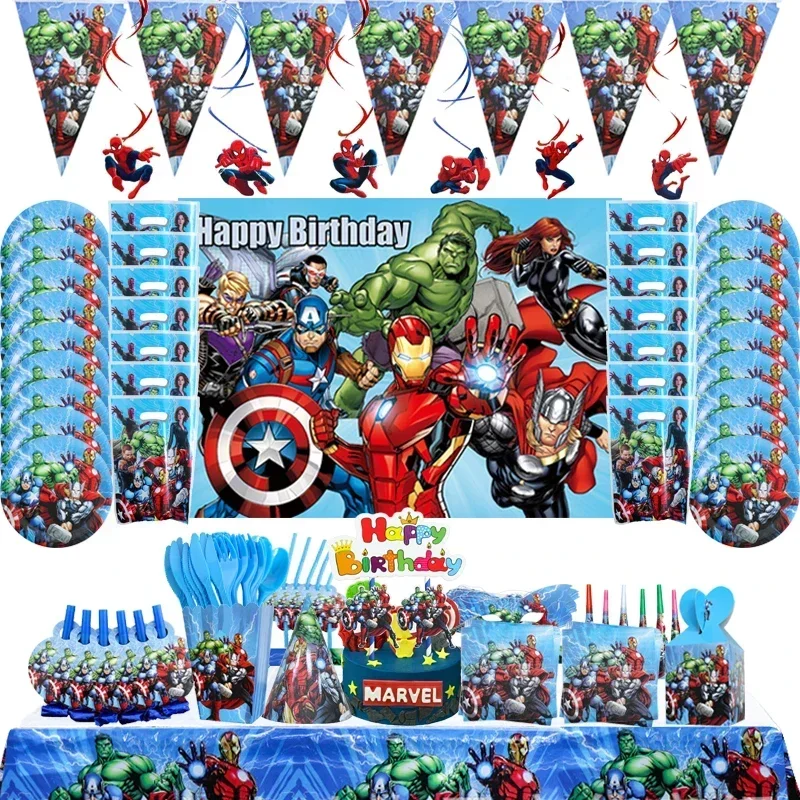 Avengers Childres Dekoracja urodzinowa Jednorazowa zastawa stołowa Tło 3D SpiderMan Iron Man Balon Super Hero Party Supplie